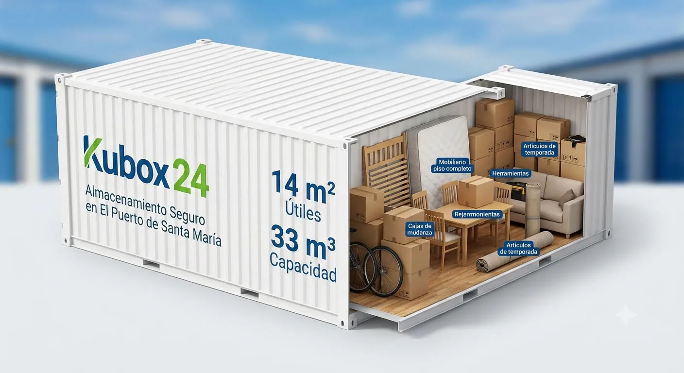Interior de contenedor marítimo de 20 pies acondicionado como trastero en Kubox24